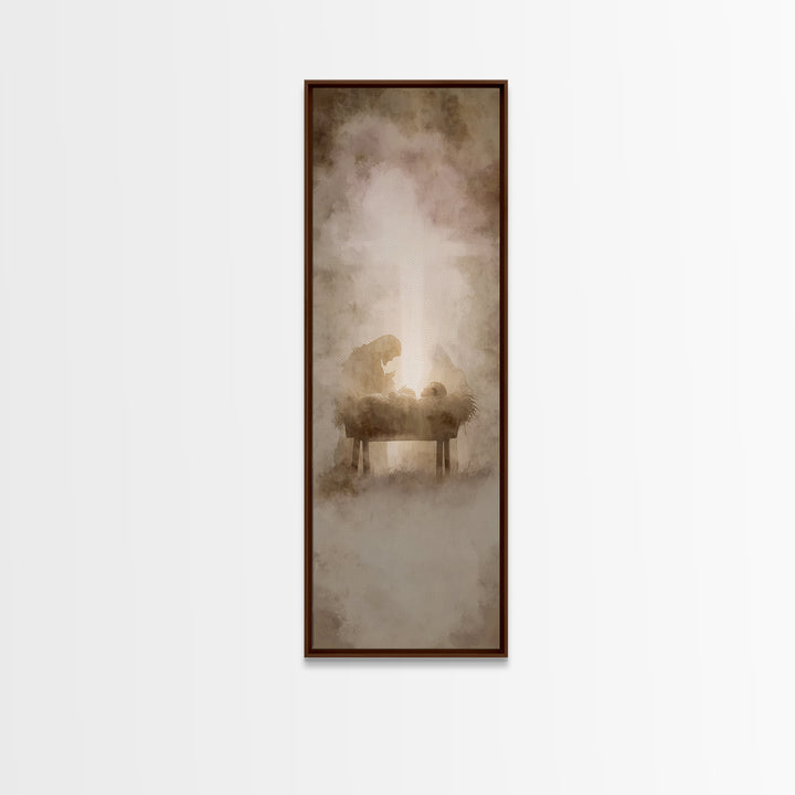 Nativity Hushed Wonder – Framed Canvas Print – Christian Wall Art – Christmas Art – Jesus Painting – Christian Christmas Art – Narrow Art –