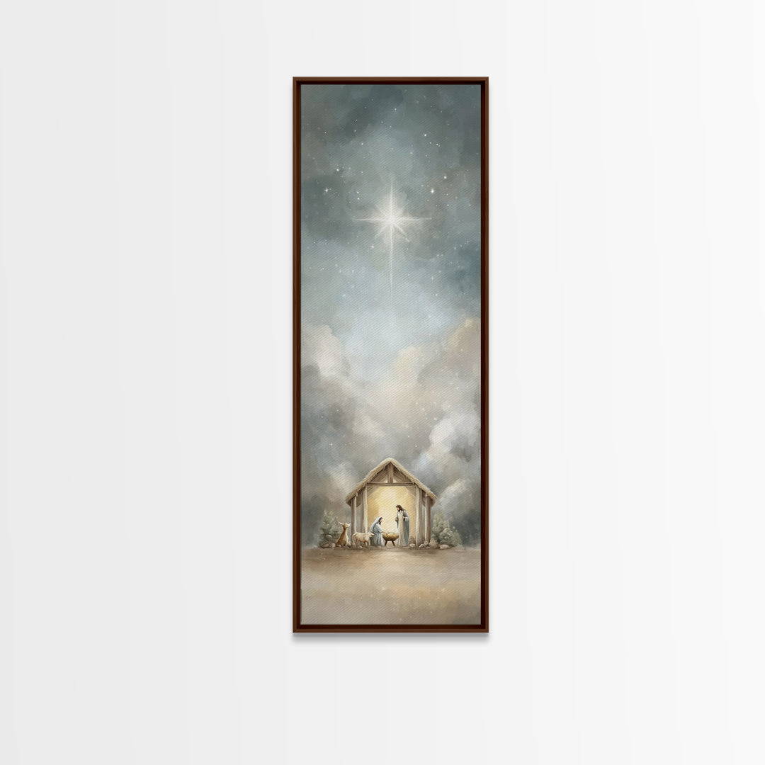 Radiant Stable Peace – Framed Canvas Print – Tall Narrow Wall Art – Christian Art Canvas – Jesus Art – Christian Christmas Art – Jesus Pain