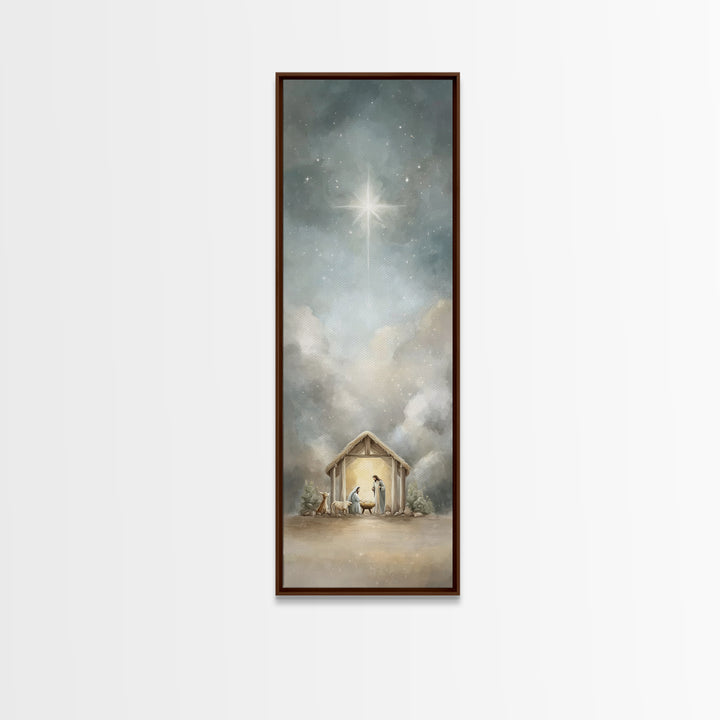 Radiant Stable Peace – Framed Canvas Print – Tall Narrow Wall Art – Christian Art Canvas – Jesus Art – Christian Christmas Art – Jesus Pain