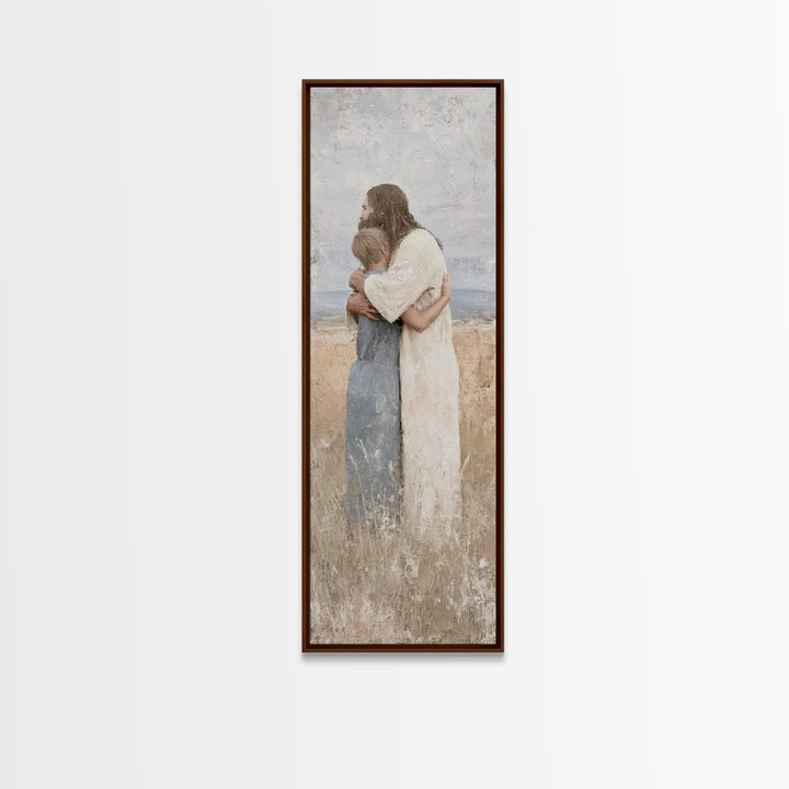 Gentle Savior Hold | Framed Canvas Print | Christian Art Canvas | Christian Wall Art | Jesus Painting | Subtle Christian Art | Narrow Art