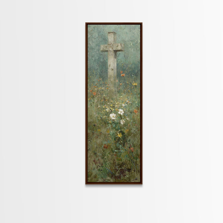 Cross In Bloom, Framed Canvas Print, Christian Art Canvas, Christian Wall Art, Vintage Christian Art, Christian Painting, Tall Narrow Wall
