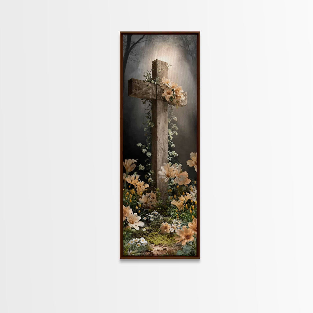 Radiant Cross Garden – Framed Canvas Print – Christian Art Canvas – Christian Wall Art – Christian Painting – Modern Christian Art – Skinny