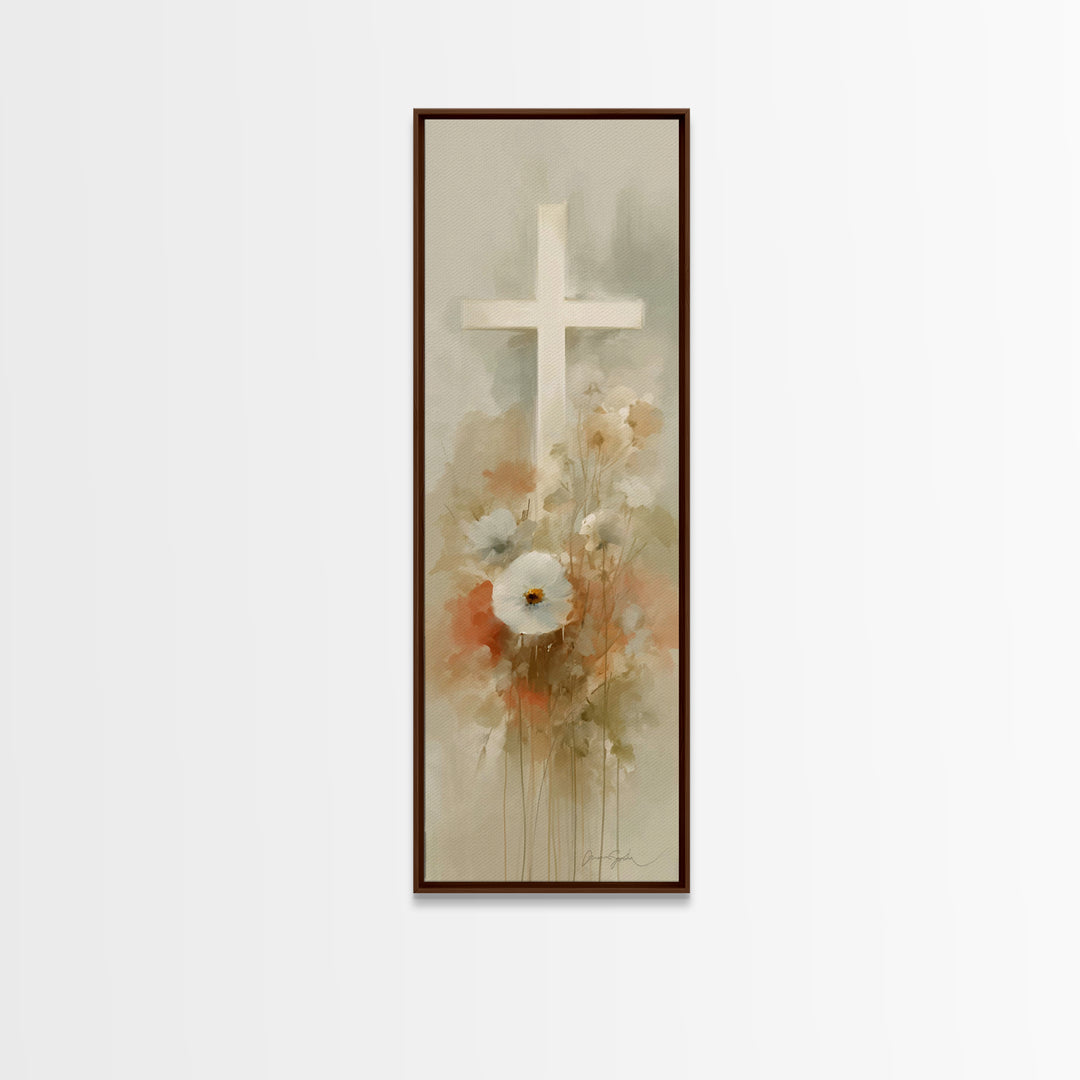 Soft Cross Blossoms | Framed Canvas Print | Christian Art | Christian Art Canvas | Christian Wall Art | Subtle Christian Art | Narrow Art