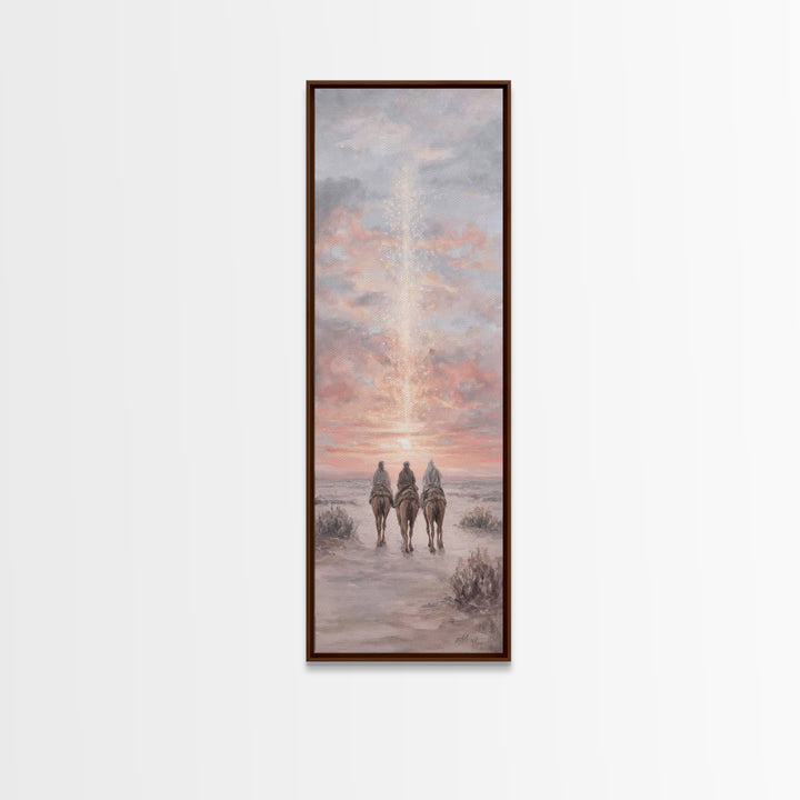 Rose Dawn Pilgrims – Framed Canvas Print – Christian Christmas Art – Skinny Art – Christian Wall Art – Christian Art Canvas
