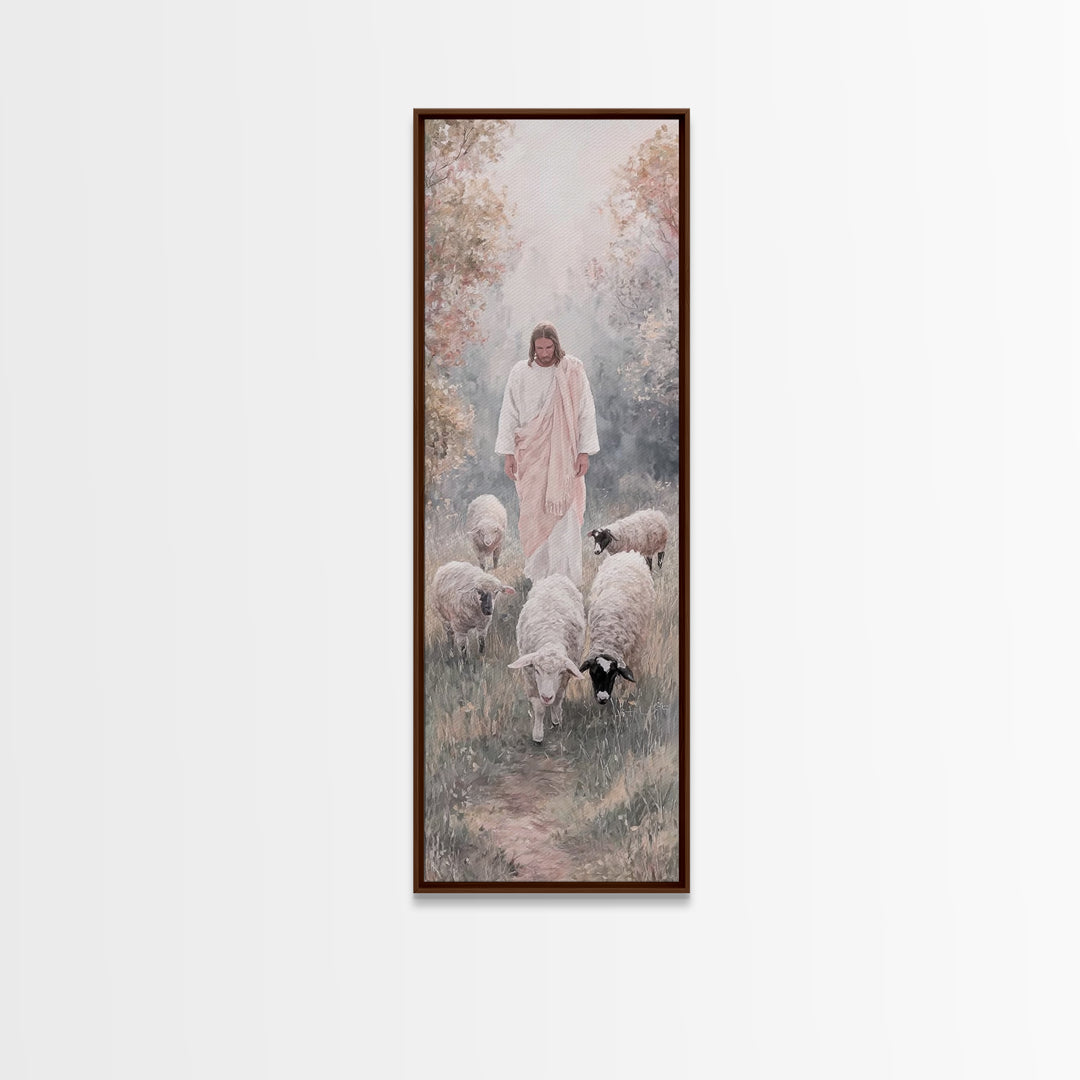 Gentle Shepherd Walk – Framed Canvas Print – Tall Skinny Art Print – Jesus Painting – Christian Art Canvas – Christian Wall Art – Modern Ch