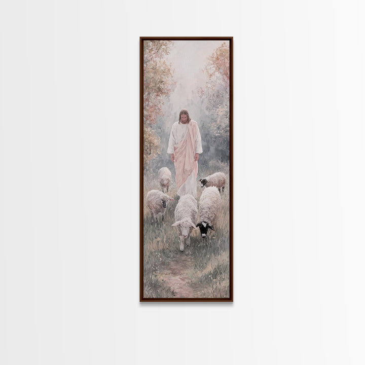 Gentle Shepherd Walk – Framed Canvas Print – Tall Skinny Art Print – Jesus Painting – Christian Art Canvas – Christian Wall Art – Modern Ch