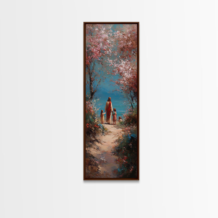 Soft Meadow Journey | Framed Canvas Print | Tall Narrow Wall Art | Christian Art Canvas | Christian Wall Art | Jesus Painting | Christian D