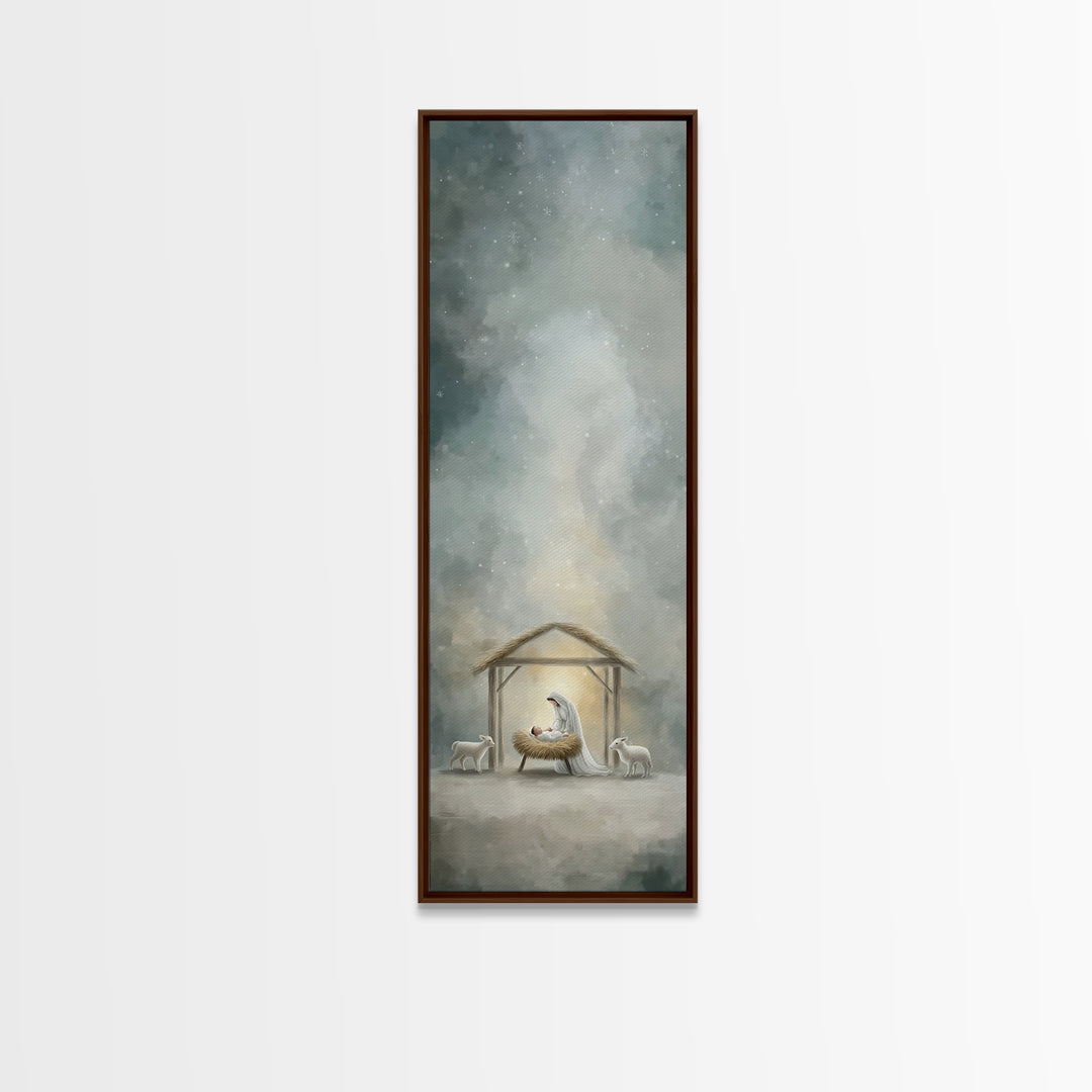 Holy Night Nativity – Framed Canvas Print – Christian Christmas Art – Tall Narrow Wall Art – Christian Art Print – Jesus Painting – Christi