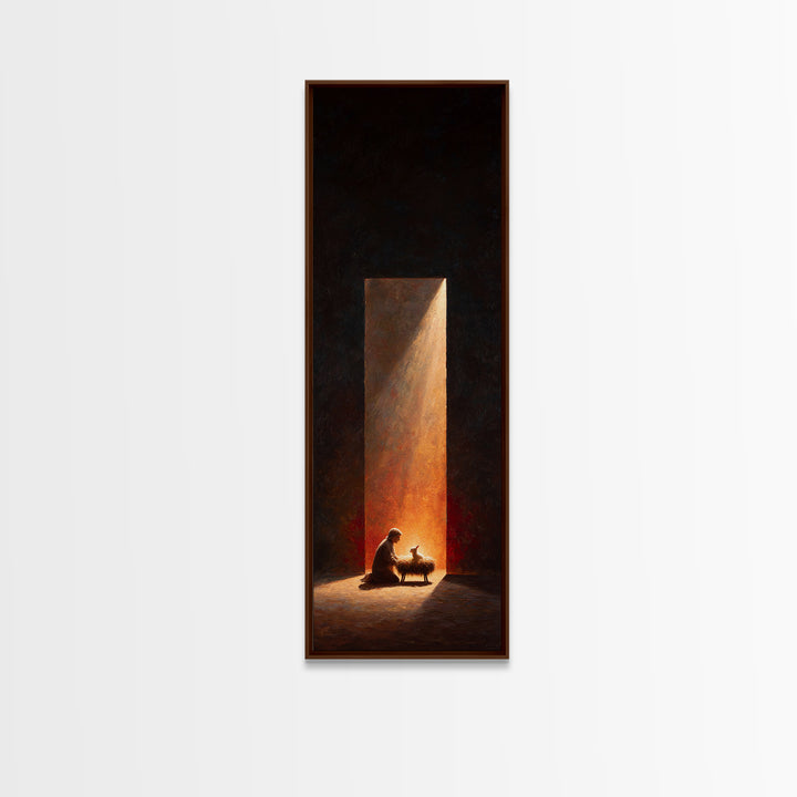Sacred Manger Glow – Framed Canvas Print – Christmas Wall Art – Tall Skinny Art Print – Christian Art – Jesus Painting – Christian Art Gift
