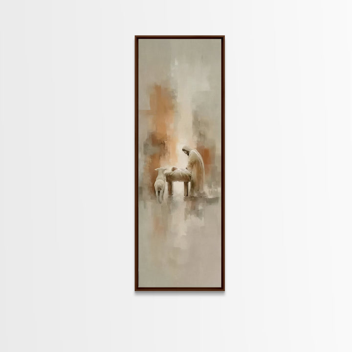 Humble Manger Peace – Framed Canvas Print – Christian Wall Art – Tall Narrow Wall Art – Christian Art Print – Christmas Art – Jesus Paintin