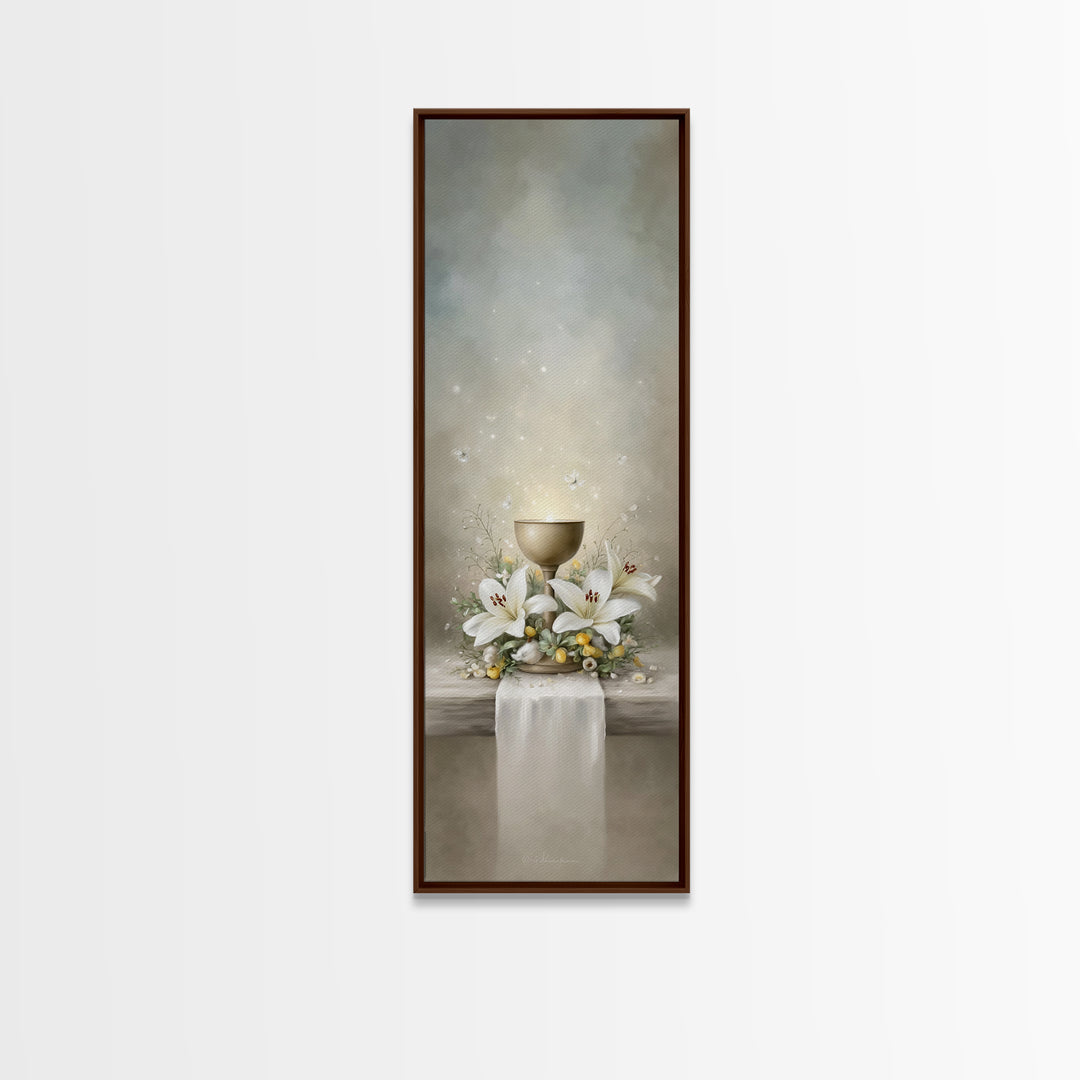 Cross And Lilies | Framed Canvas Print | Narrow Art | Christian Art | Christian Wall Art | Christmas Art | Jesus Painting | Bible Art