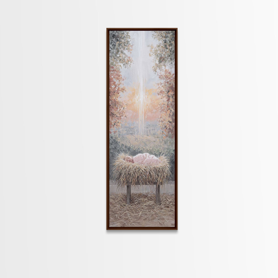 Sacred Birth Glow – Framed Canvas Print – Christian Christmas Art – Christian Wall Art – Christmas Art Canvas – Skinny Art – Christian Art