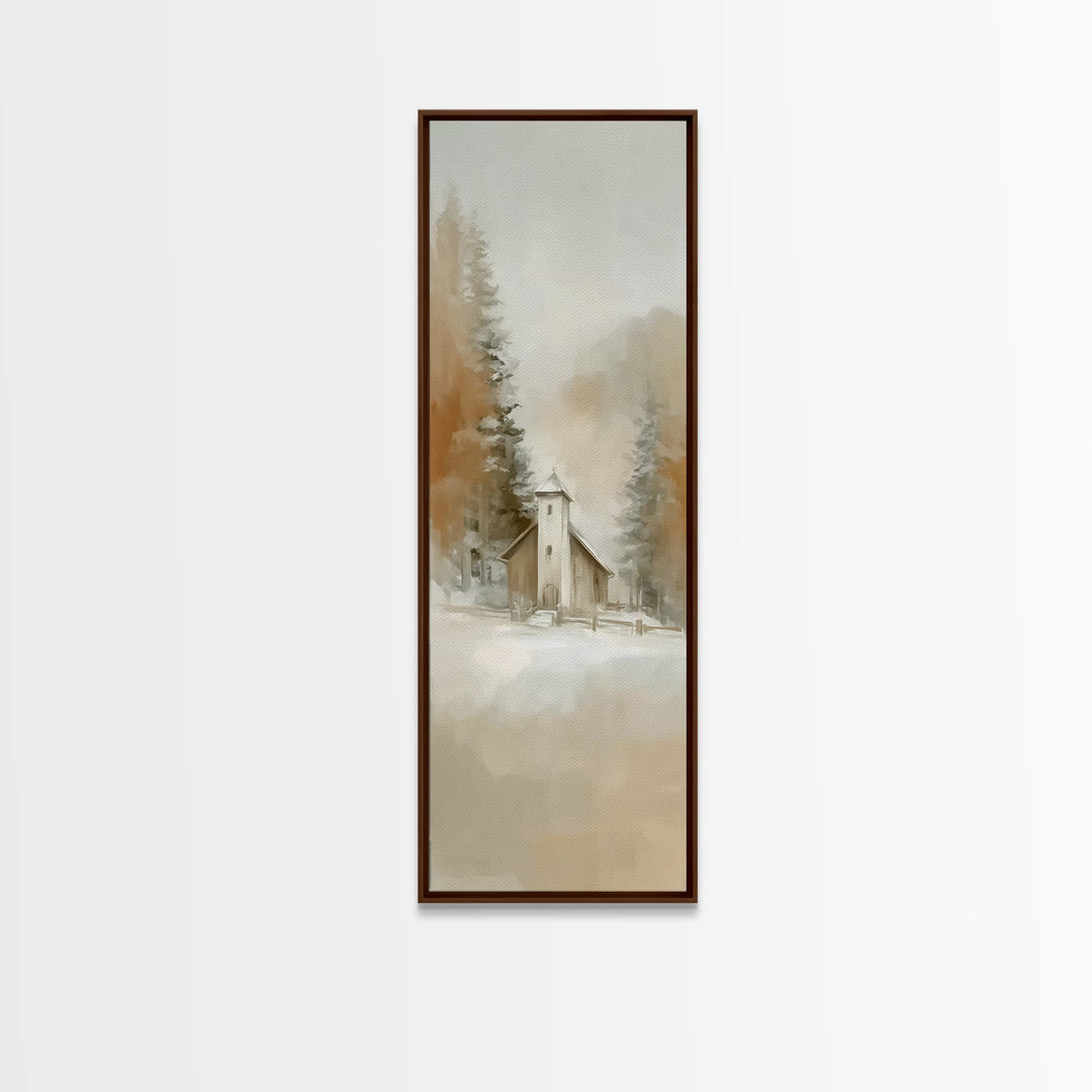 Snowy Chapel Peace – Framed Canvas Print – Christian Wall Art – Christian Art – Christmas Art – Tall Narrow Wall Art – Christian Decor
