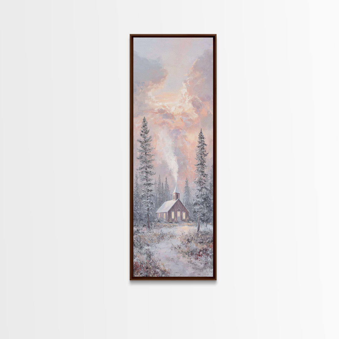 Frosted Dawn Chapel – Framed Canvas Print – Christian Art – Christian Wall Art – Tall Skinny Art Print – Christmas Art – Christian Art Canv