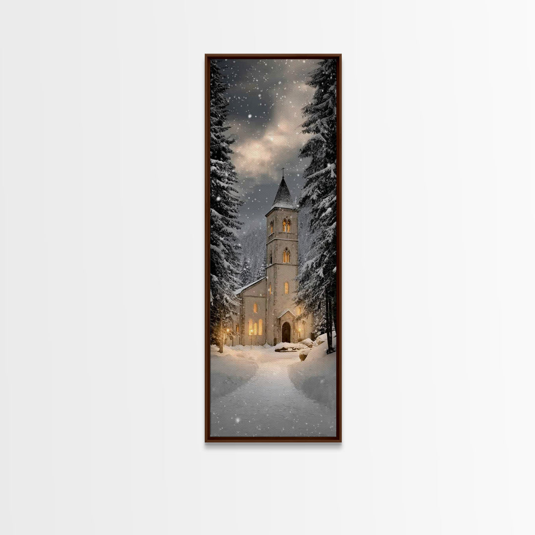 Snowfall Chapel Light – Framed Canvas Print – Tall Narrow Wall Art – Christian Wall Art – Christmas Art – Christian Christmas Décor – Moder