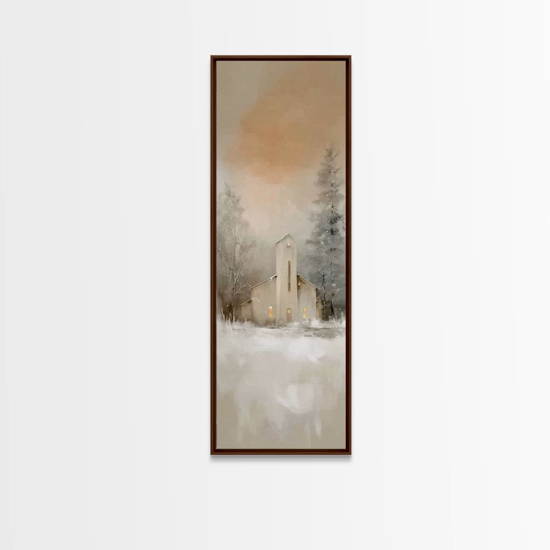 Evening Chapel Calm, Framed Canvas Print, Skinny Art, Christian Wall Art, Christian Christmas Art, Christmas Art Work, Framed Christian Art