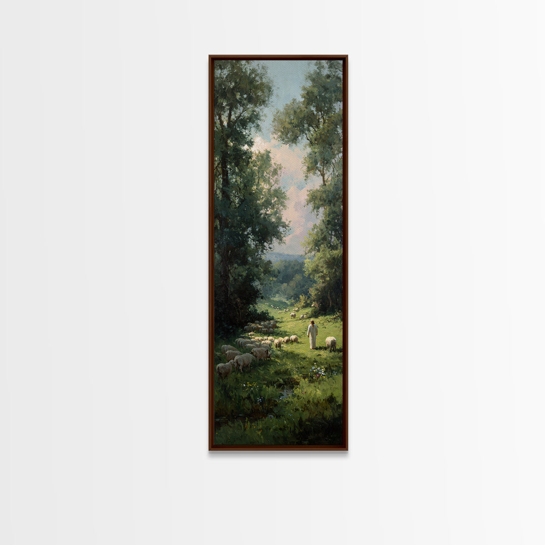 Morning Shepherd Peace – Framed Canvas Print – Christian Art Print – Modern Christian Art – Tall Narrow Wall Art – Jesus Canvas Art