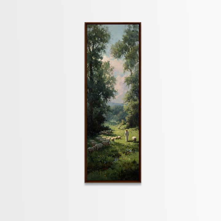 Morning Shepherd Peace – Framed Canvas Print – Christian Art Print – Modern Christian Art – Tall Narrow Wall Art – Jesus Canvas Art