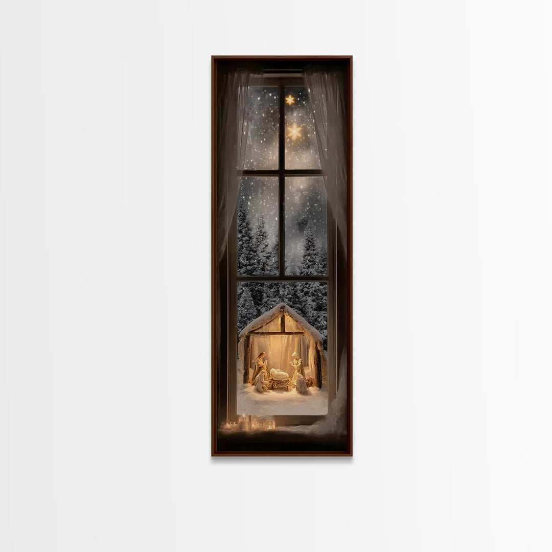 Silent Winter Nativity – Framed Canvas Print – Christmas Art – Christian Christmas Decor – Tall Narrow Wall Art – Christian Art Canvas