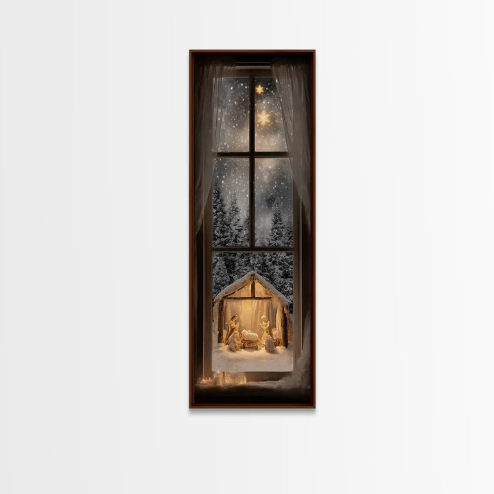 Silent Winter Nativity – Framed Canvas Print – Christmas Art – Christian Christmas Decor – Tall Narrow Wall Art – Christian Art Canvas