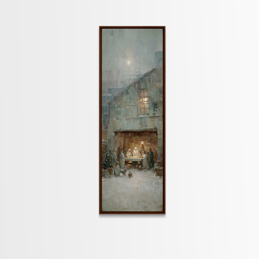 Humble Stable Night – Framed Canvas Print – Christmas Wall Art – Christian Art Canvas – Tall Skinny Art Print – Vintage Christmas Art