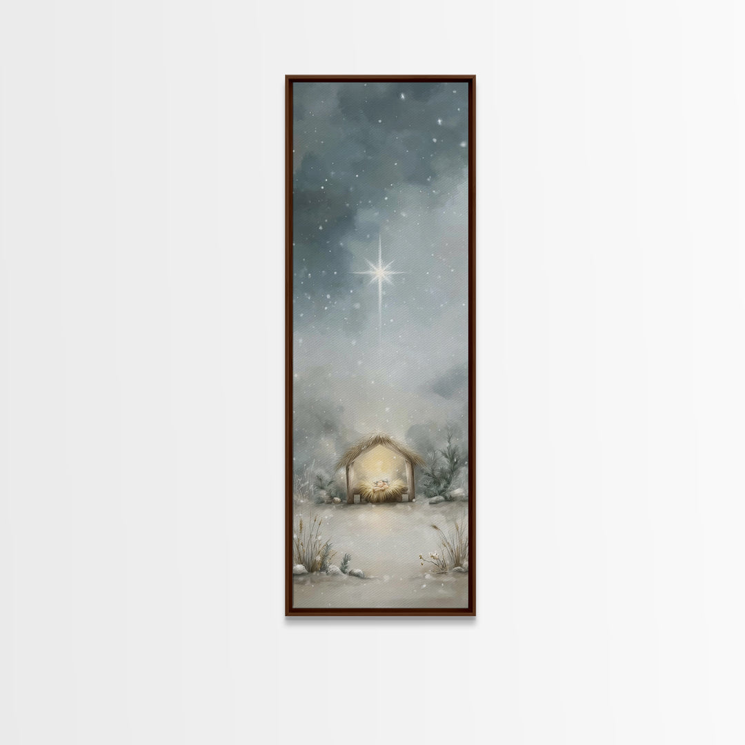 Silent Manger Light - Framed Canvas Print - Christian Christmas Art - Christian Wall Art - Christmas Art - Narrow Art - Christian Art Canva