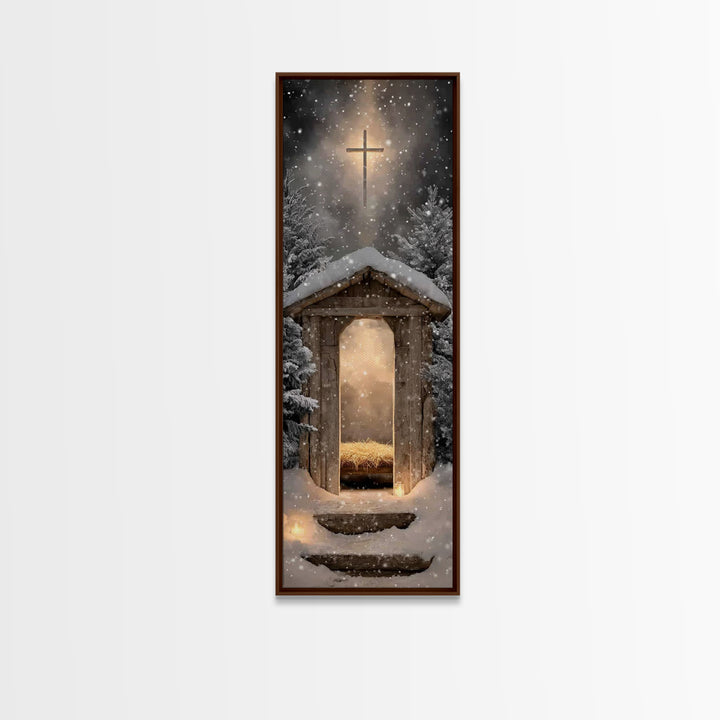 Snowlit Holy Shelter | Framed Canvas Print | Christmas Art | Christian Art Canvas | Christian Wall Art | Skinny Art | Christian Christmas A