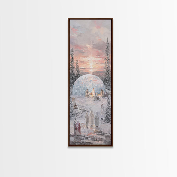 Winter Nativity Gathering - Framed Canvas Print - Christian Art Canvas - Christian Wall Art - Christmas Art - Narrow Art - Christian Christ
