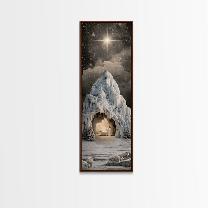 Icy Cavern Nativity, Framed Canvas Print, Christian Wall Art, Christian Christmas Art, Christmas Art, Tall Narrow Wall Art, Christian Art C