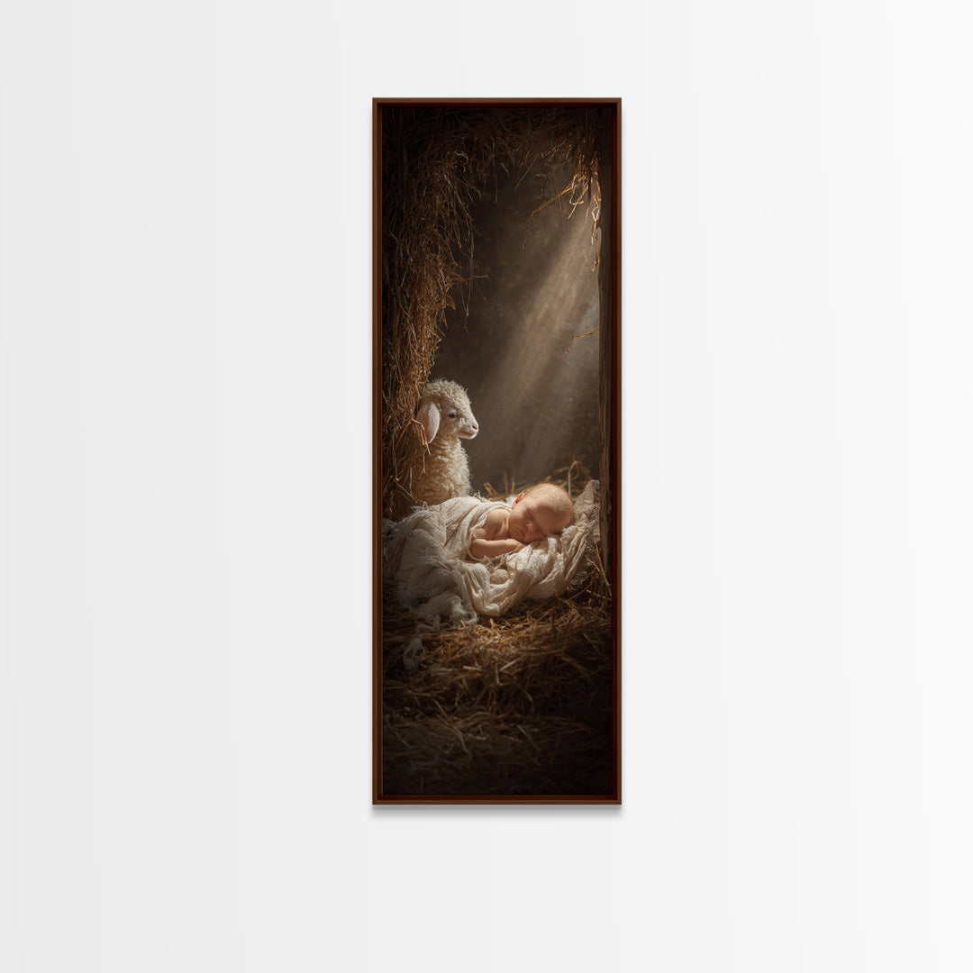 Humble Cradle Light – Framed Canvas Print – Tall Skinny Art Print – Christian Wall Art – Christian Art Work – Christmas Art