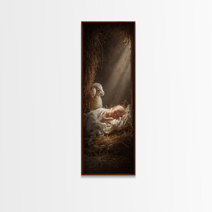 Humble Cradle Light – Framed Canvas Print – Tall Skinny Art Print – Christian Wall Art – Christian Art Work – Christmas Art