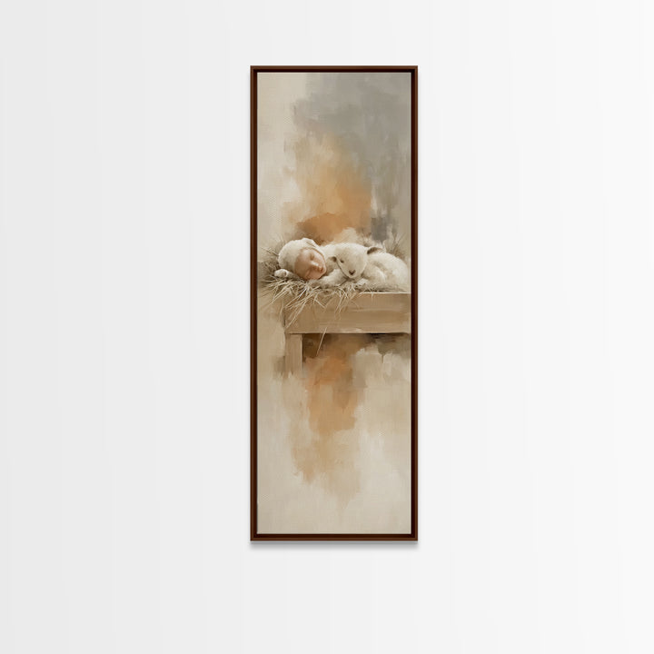 Soft Lamb Blessing – Framed Canvas Print – Tall Narrow Wall Art – Christian Art Prints – Christian Christmas Art – Jesus Painting