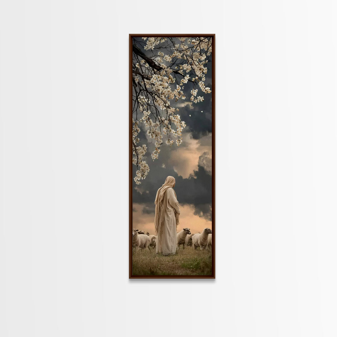 Quiet Shepherd Light, Framed Canvas Print, Christian Art Print, Jesus Wall Art, Skinny Art, Christian Christmas Decor, Christian Painting