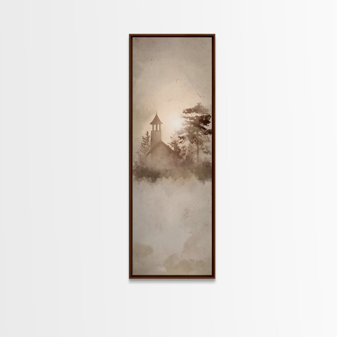 Dawn Chapel Stillness, Framed Canvas Print, Christian Wall Art, Minimalist Christian Art, Tall Skinny Art Print, Christian Decor, Christmas