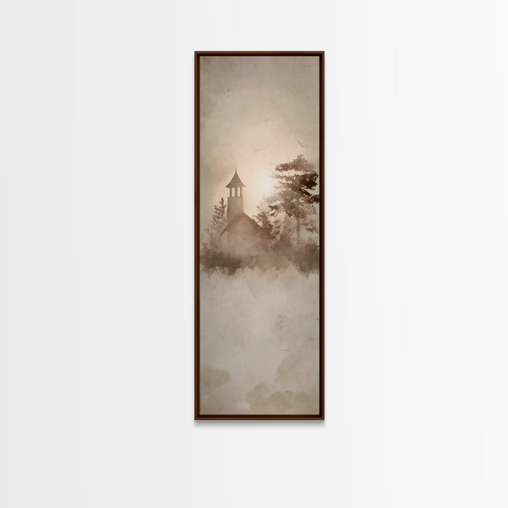 Dawn Chapel Stillness, Framed Canvas Print, Christian Wall Art, Minimalist Christian Art, Tall Skinny Art Print, Christian Decor, Christmas