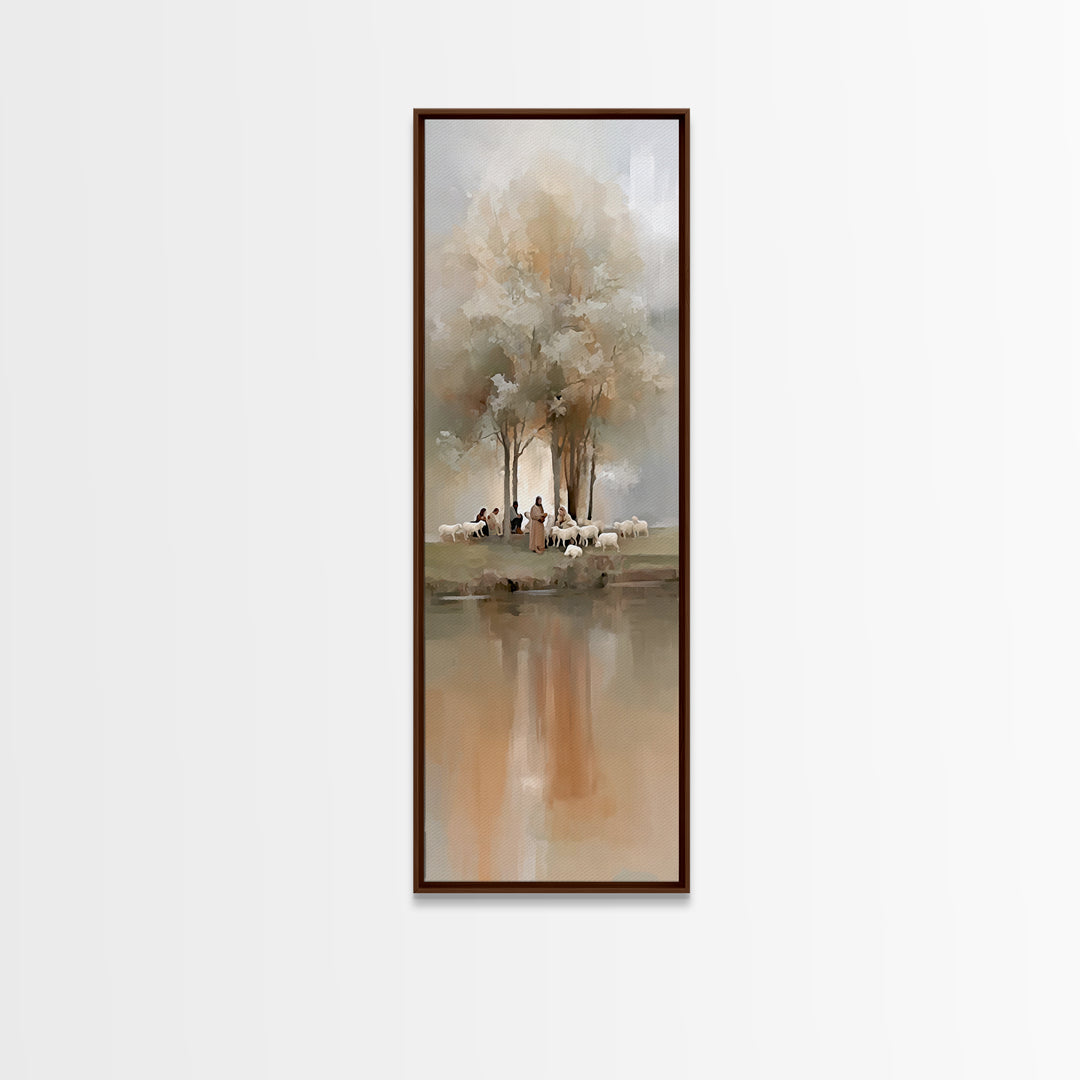 Morning Pasture Calm | Framed Canvas Print | Tall Skinny Art Print | Christian Wall Art | Jesus Painting | Christian Art Canvas | Christmas