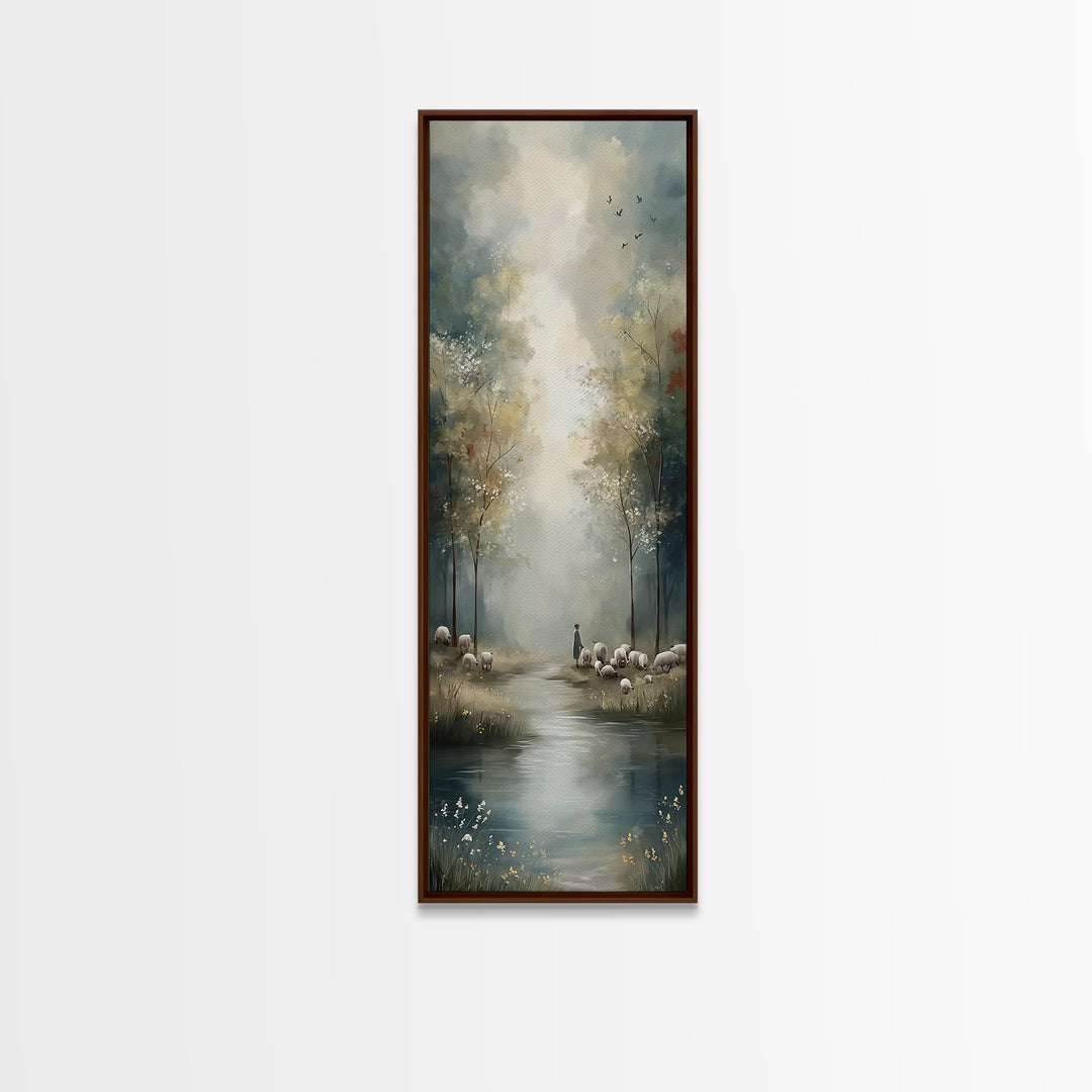 Pastoral Stillness, Framed Canvas Print, Narrow Art, Christian Wall Art, Jesus Painting, Christian Art Canvas, Christmas Art