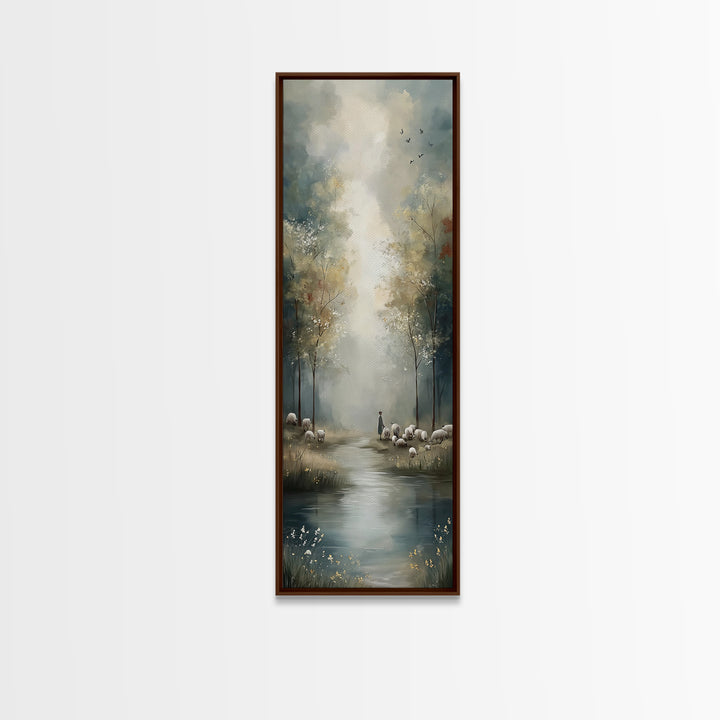 Pastoral Stillness, Framed Canvas Print, Narrow Art, Christian Wall Art, Jesus Painting, Christian Art Canvas, Christmas Art