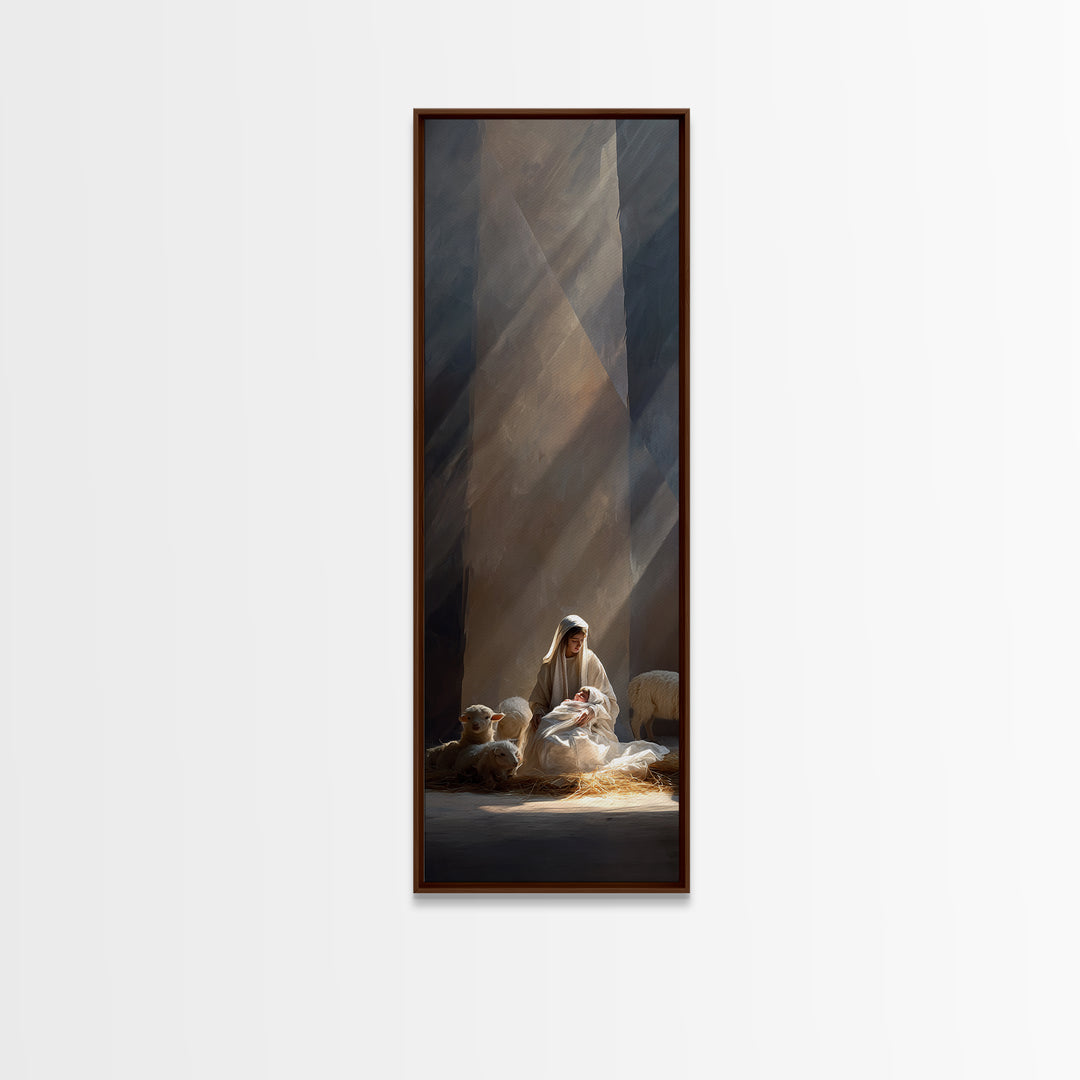 Blessed Nativity Light – Framed Canvas Print – Tall Skinny Art Print – Christian Christmas Art – Christian Wall Art – Christmas Canvas Wall