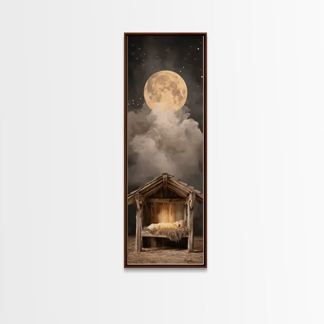 Nativity Moonrise – Framed Canvas Print – Narrow Art – Christian Christmas Art – Christian Art Canvas – Christian Wall Art – Christmas Art