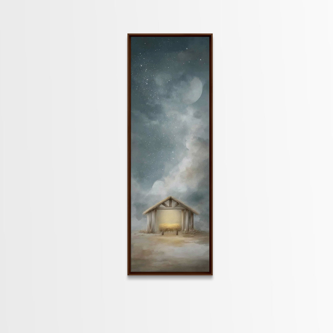 Manger Under Stars – Framed Canvas Print – Tall Skinny Art Print – Christian Christmas Art – Christian Art Canvas – Christmas Wall Art – Ch