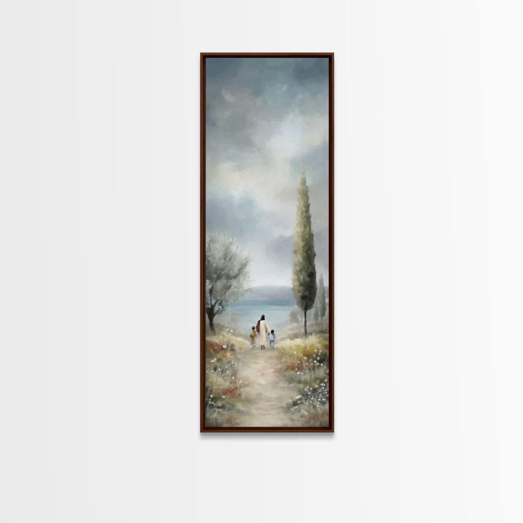 Morning Grace Path, Framed Canvas Print, Tall Skinny Art Print, Christian Art Canvas, Jesus Painting, Christian Christmas
