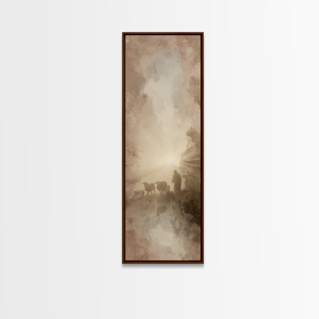 Dawn Of The Flock, Framed Canvas Print, Narrow Art, Christian Wall Art, Christian Art Canvas, Jesus Painting, Christmas Art