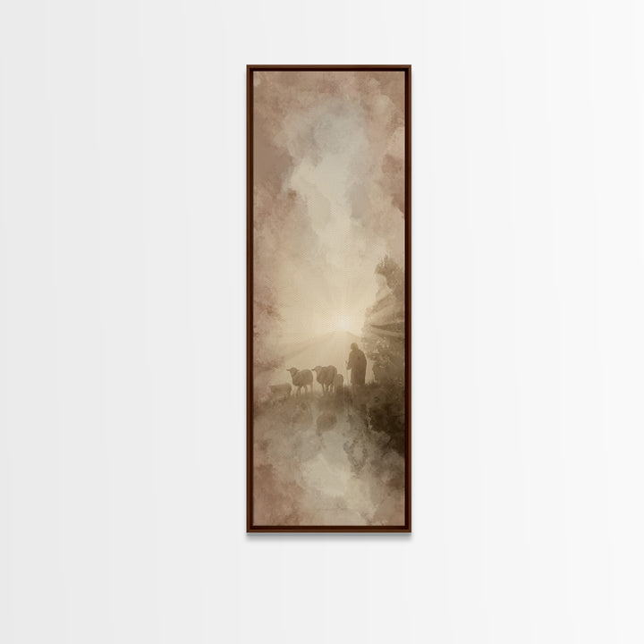 Dawn Of The Flock, Framed Canvas Print, Narrow Art, Christian Wall Art, Christian Art Canvas, Jesus Painting, Christmas Art