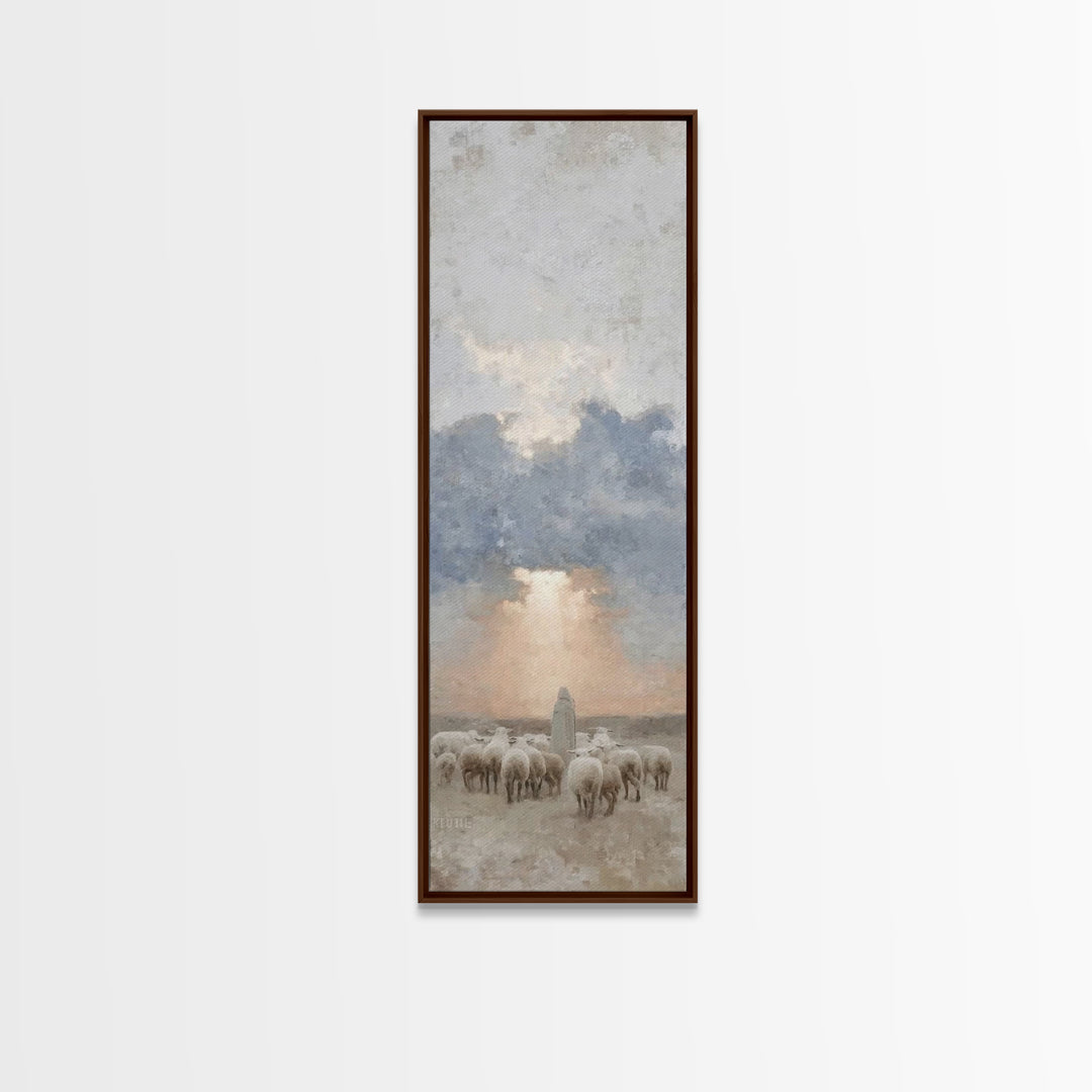 Morning Shepherd Grace – Framed Canvas Print – Tall Skinny Art Print – Christian Painting – Christian Art Canvas – Christmas Art
