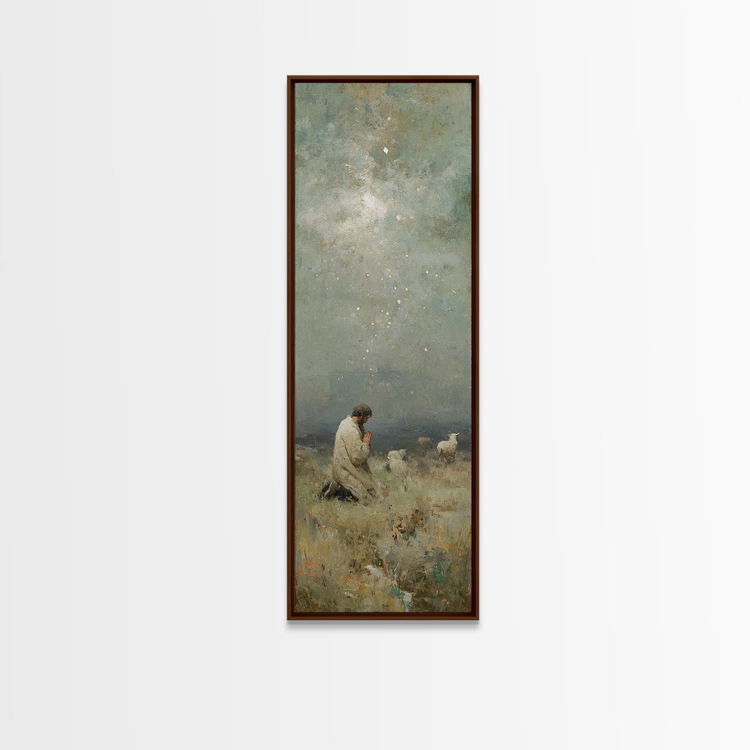 Kneeling In Faith, Framed Canvas Print, Narrow Art, Christian Art Canvas, Christian Wall Art, Jesus Painting, Christmas Art