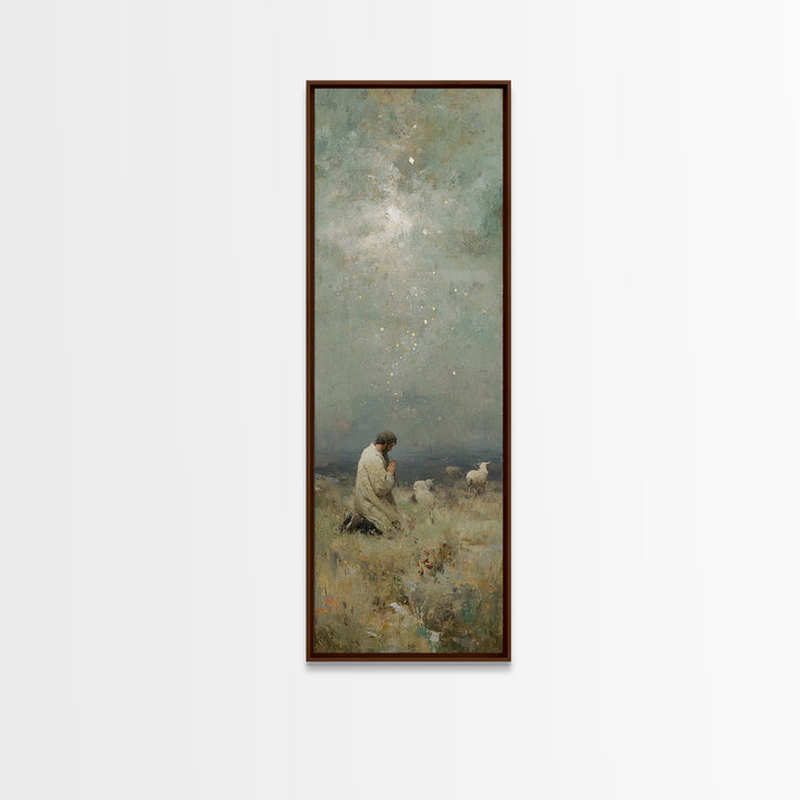Kneeling In Faith, Framed Canvas Print, Narrow Art, Christian Art Canvas, Christian Wall Art, Jesus Painting, Christmas Art