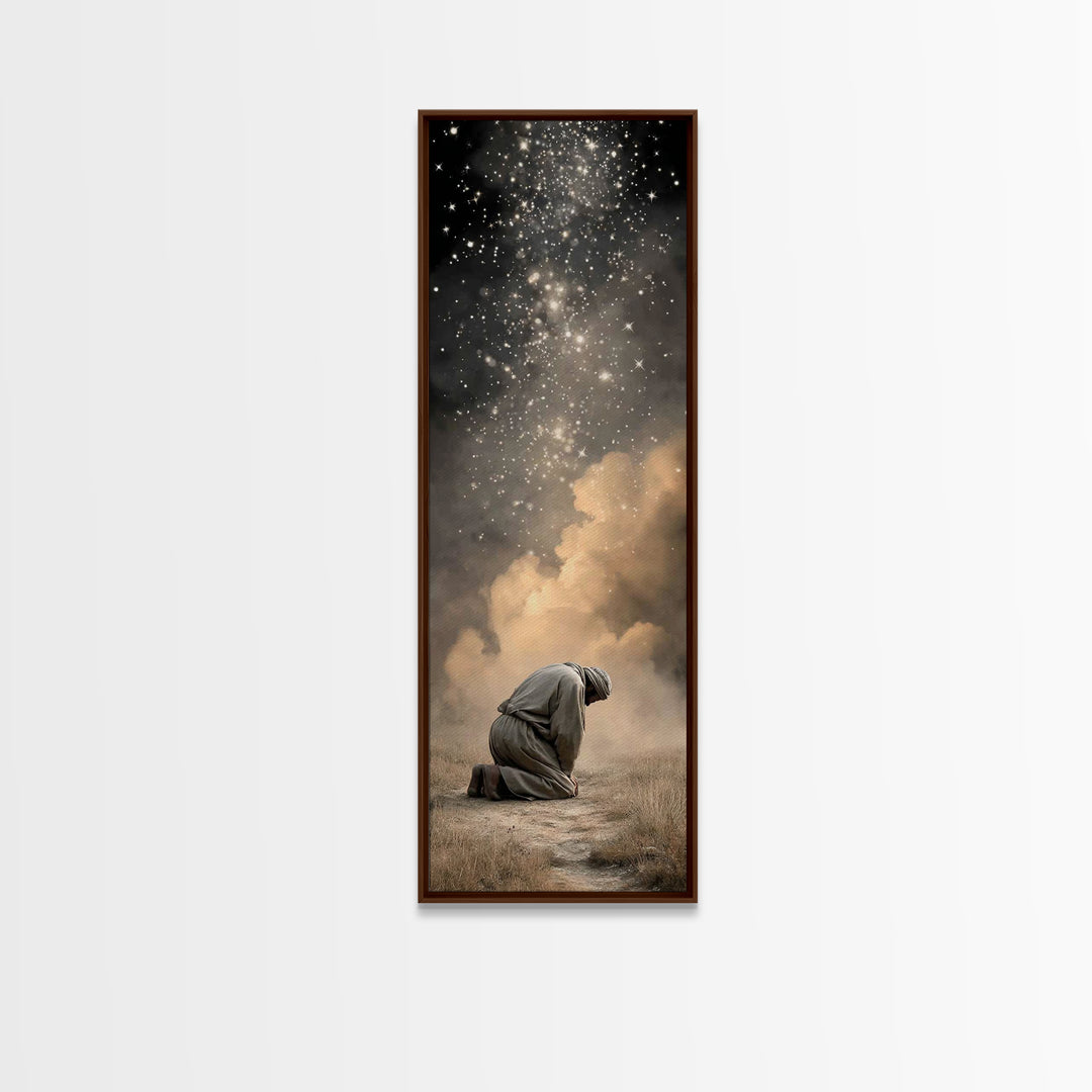 Heavenly Kneeling Light, Framed Canvas Print, Christian Wall Art, Christian Art, Tall Narrow Wall Art, Christian Art Canvas, Jesus Painting