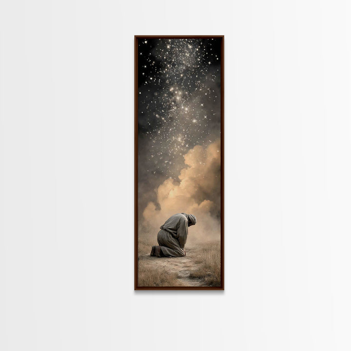 Heavenly Kneeling Light, Framed Canvas Print, Christian Wall Art, Christian Art, Tall Narrow Wall Art, Christian Art Canvas, Jesus Painting