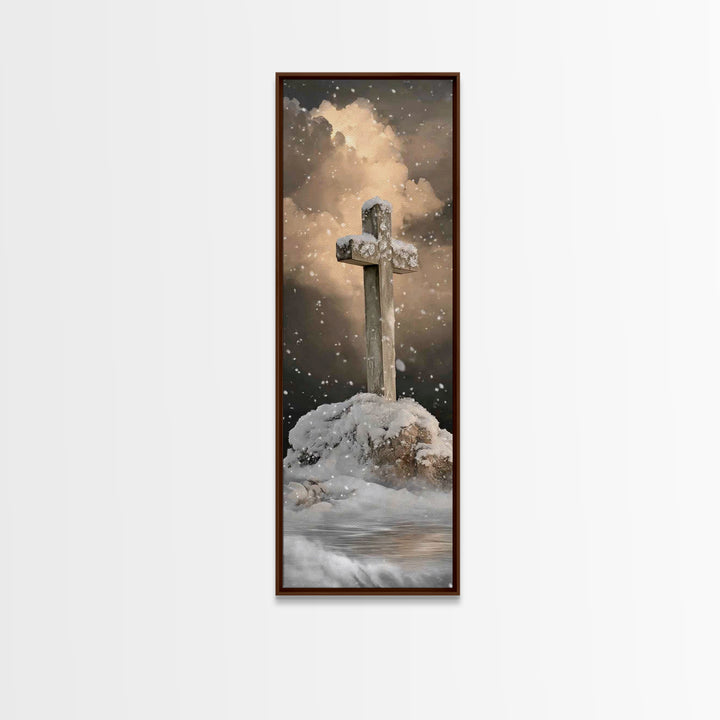 Icy Cross Radiance – Framed Canvas Print – Narrow Art – Christian Art Work – Christian Wall Art – Christian Christmas Art – Christian Paint